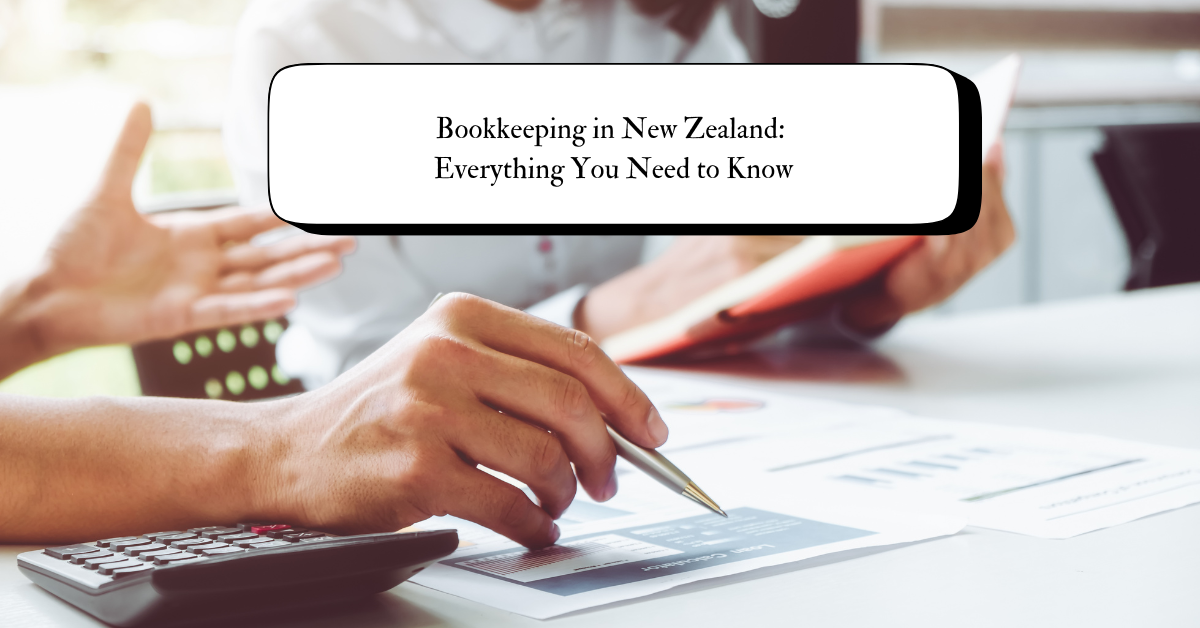A person working on financial records with a calculator and a laptop, representing bookkeeping in New Zealand.