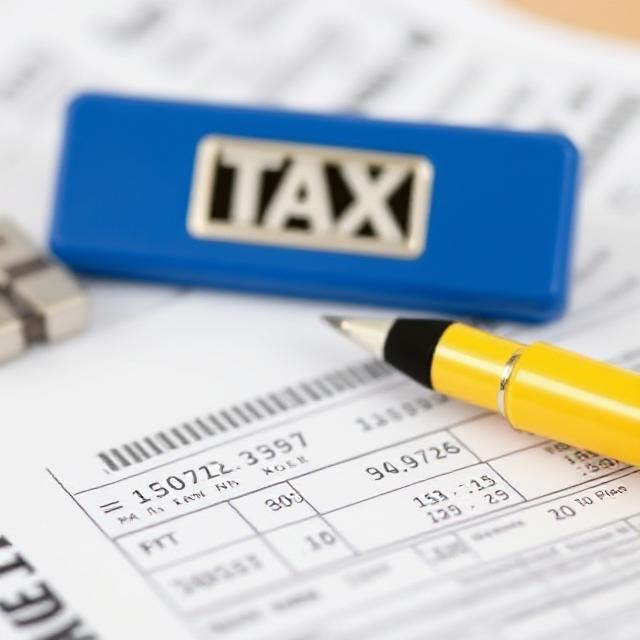 Illustration of a tax deduction concept, featuring a calculator, tax forms, and various financial documents