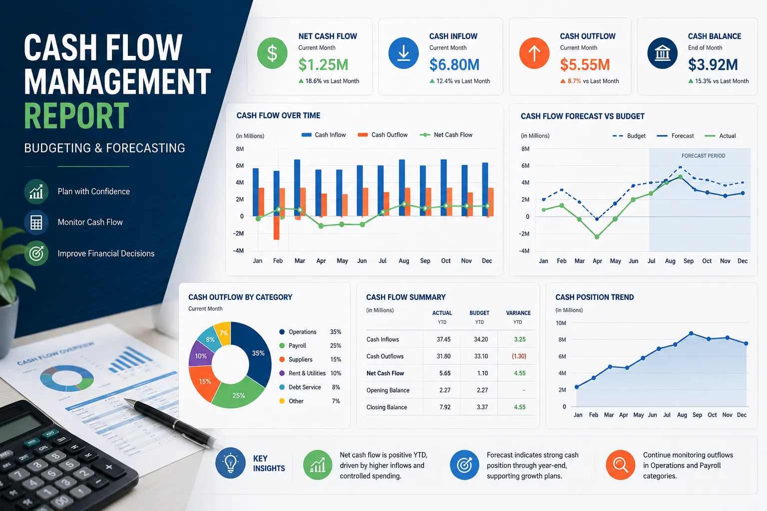 Cash flow management report with budgeting and forecasting charts