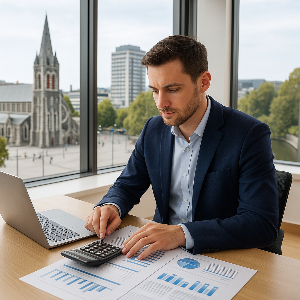 Accounting Firms Christchurch – CPA Australia Registered Accounting firm Christchurch office with accountant working and city skyline view.