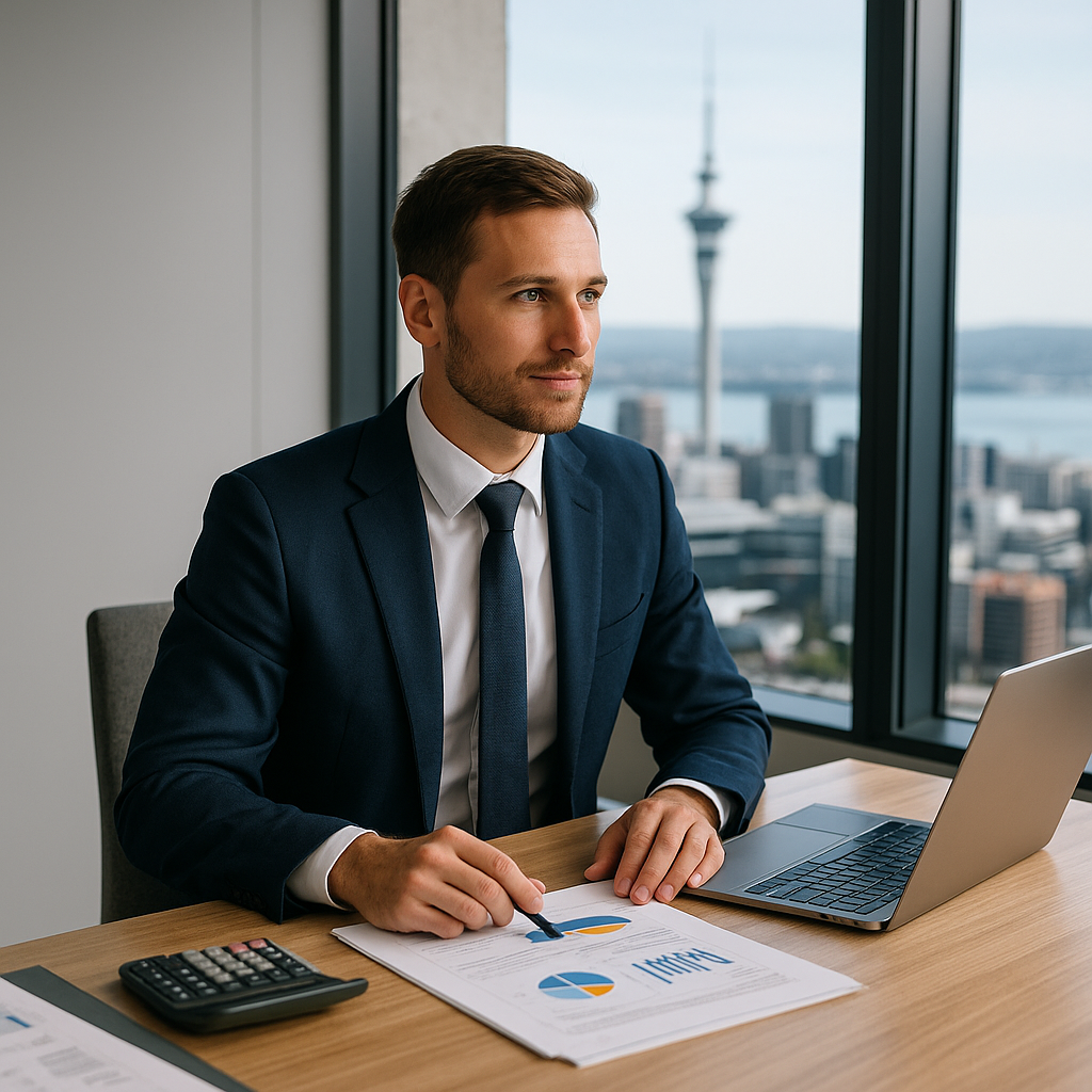 Auckland Accountant – Professional Financial Services Auckland accountant reviewing financial reports with laptop and calculator in a modern office overlooking the Sky Tower