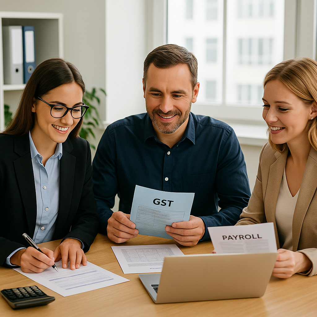 Business Accountants Hamilton – SME Accounting Experts Business accountants in Hamilton consulting with small business owner on GST and payroll