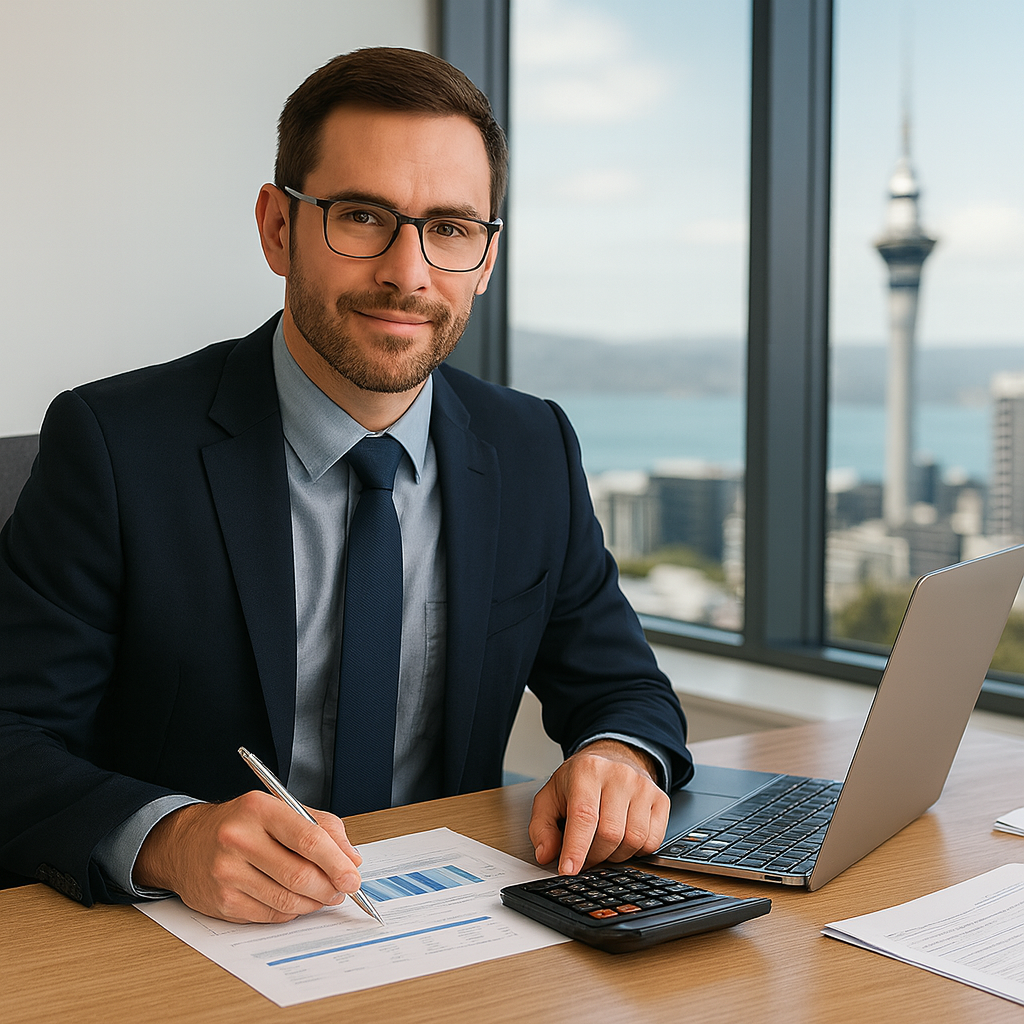 Wellington Accountant – Professional CPA Services Small business accountant in Wellington working with financial reports, calculator, and laptop in a modern office overlooking the city skyline and harbour