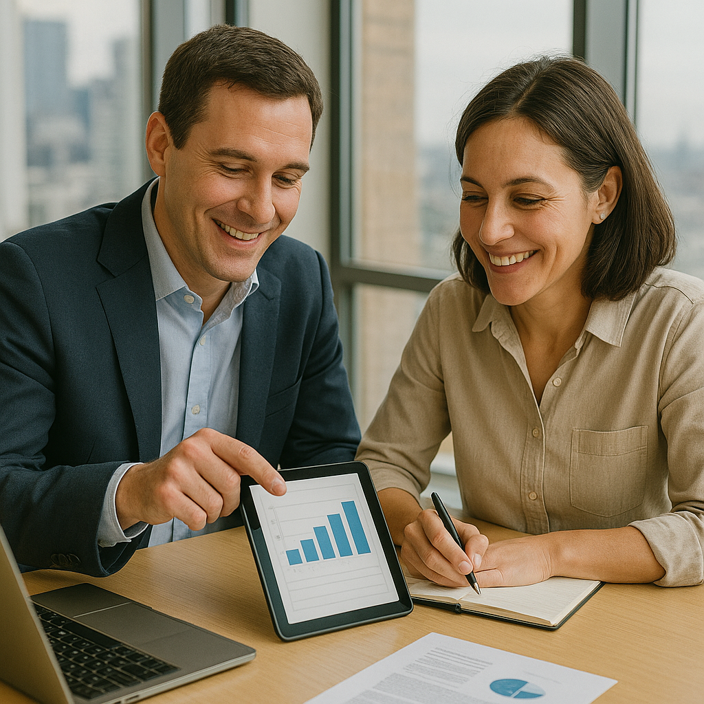 CPA presenting financial charts on a tablet to a business owner taking notes during a meeting in a modern New Zealand office