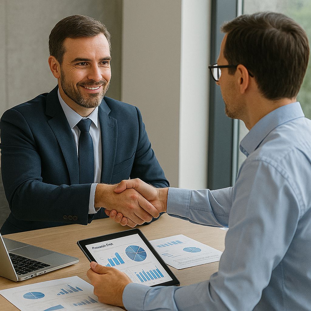 Financial Statement Audit | External Auditor Auditor shaking hands with business owner during financial statement audit, tablet showing charts and reports.